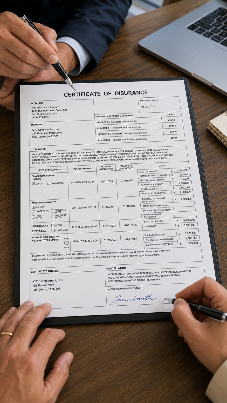 Business owner reviewing a Certificate of Insurance before signing a contract Business owner reviewing a Certificate of Insurance before signing a contract